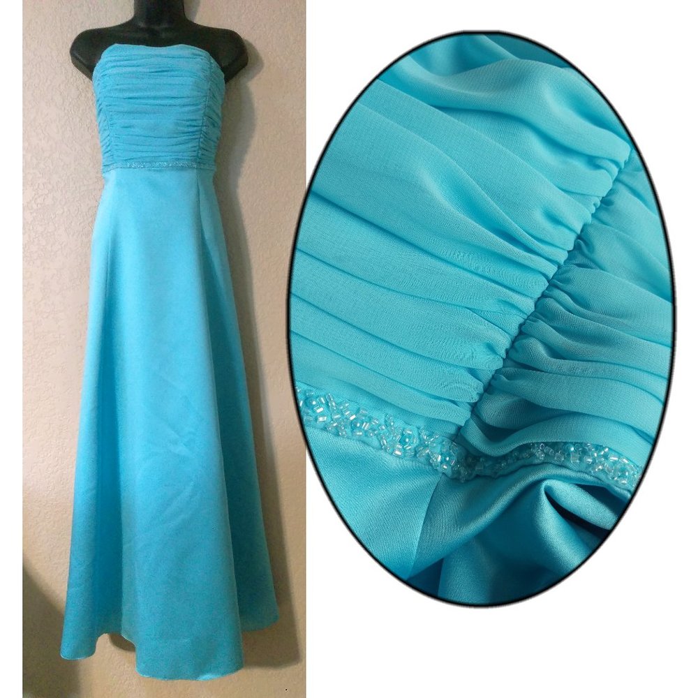 Aqua satin beaded ruched formal gown 6 LIKE NEW